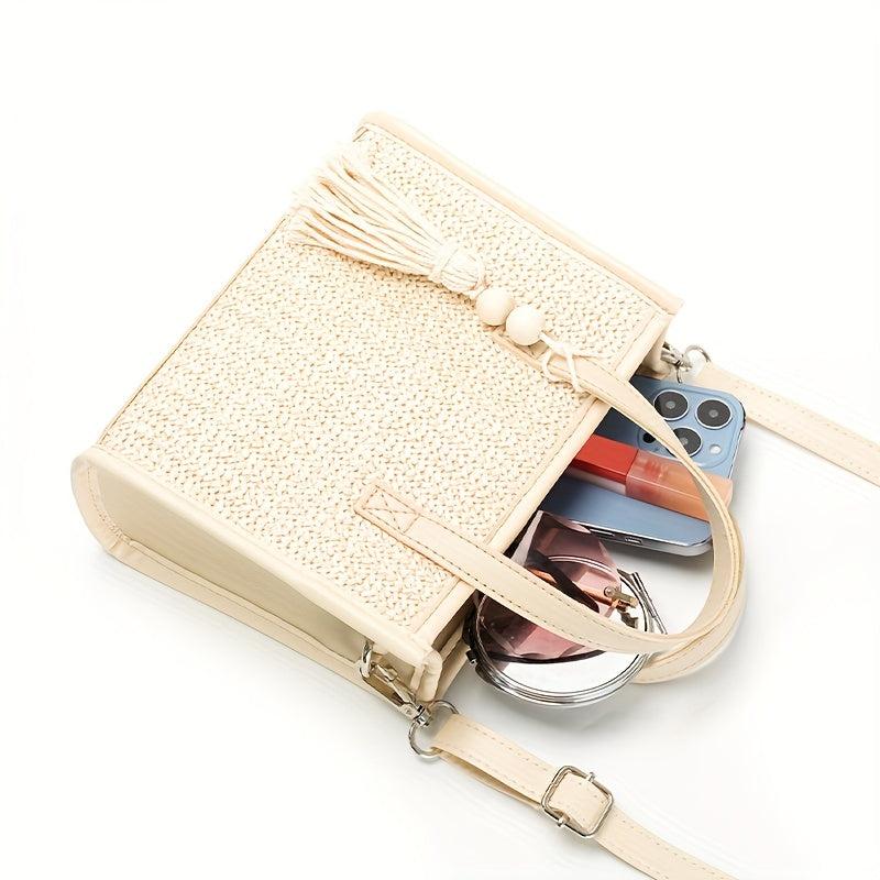 Straw Beige Tote Bag with Tassel Beaded Pendant