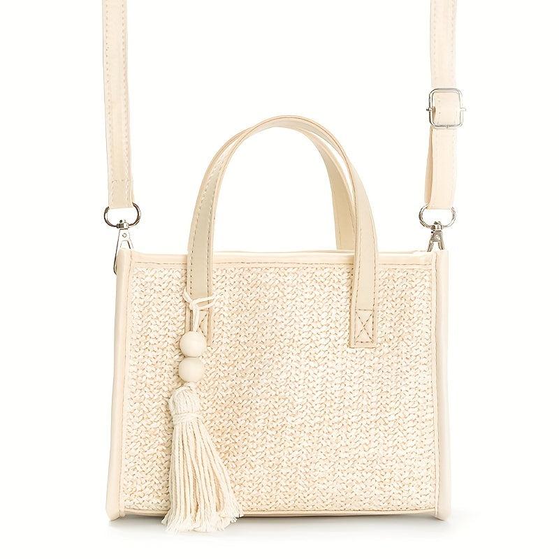 Straw Beige Tote Bag with Tassel Beaded Pendant