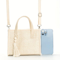 Straw Beige Tote Bag with Tassel Beaded Pendant