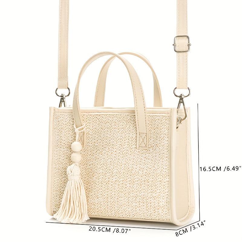 Straw Beige Tote Bag with Tassel Beaded Pendant