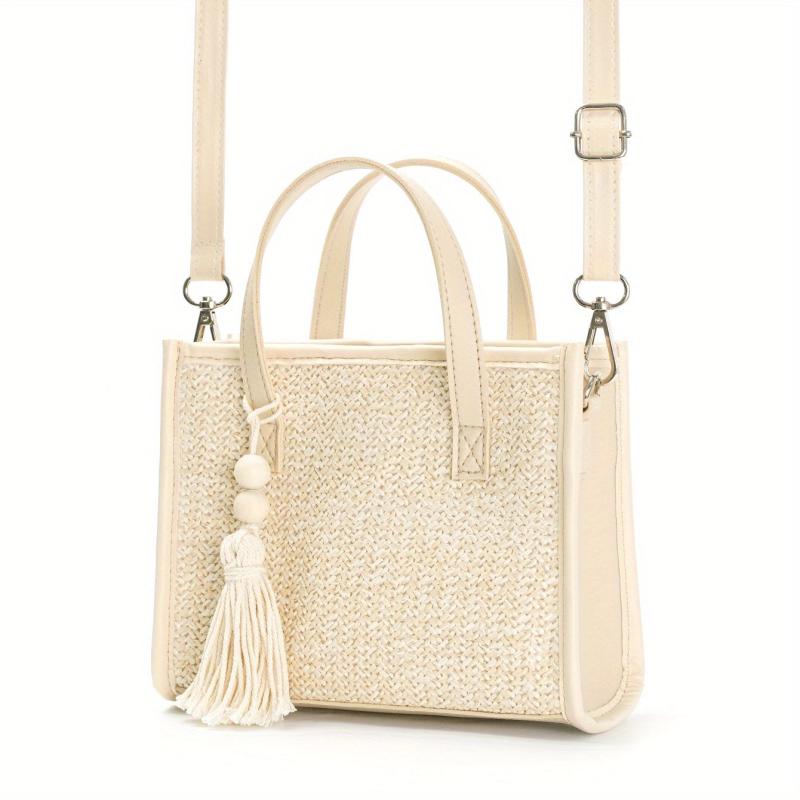 Straw Beige Tote Bag with Tassel Beaded Pendant