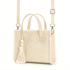 Straw Beige Tote Bag with Tassel Beaded Pendant