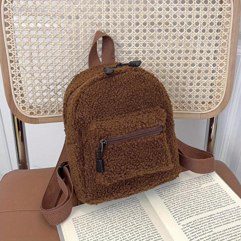 Solid Plush Zipper Backpack Rucksack for Travel