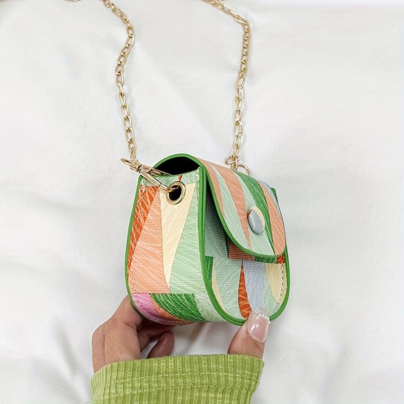 Geometric Pattern Metal Chain Crossbody Bag PU Leather Textured Lipstick Bag
