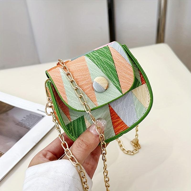 Geometric Pattern Metal Chain Crossbody Bag PU Leather Textured Lipstick Bag