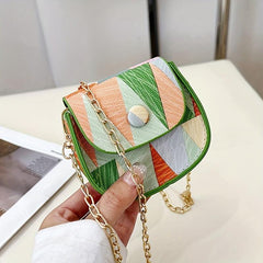 Geometric Pattern Metal Chain Crossbody Bag PU Leather Textured Lipstick Bag