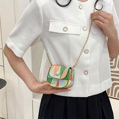Geometric Pattern Metal Chain Crossbody Bag PU Leather Textured Lipstick Bag