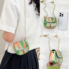 Geometric Pattern Metal Chain Crossbody Bag PU Leather Textured Lipstick Bag