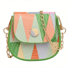 Geometric Pattern Metal Chain Crossbody Bag PU Leather Textured Lipstick Bag