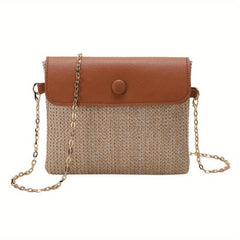 Straw Woven Metal Chain Crossbody Bag Decorative Shoulder Bag