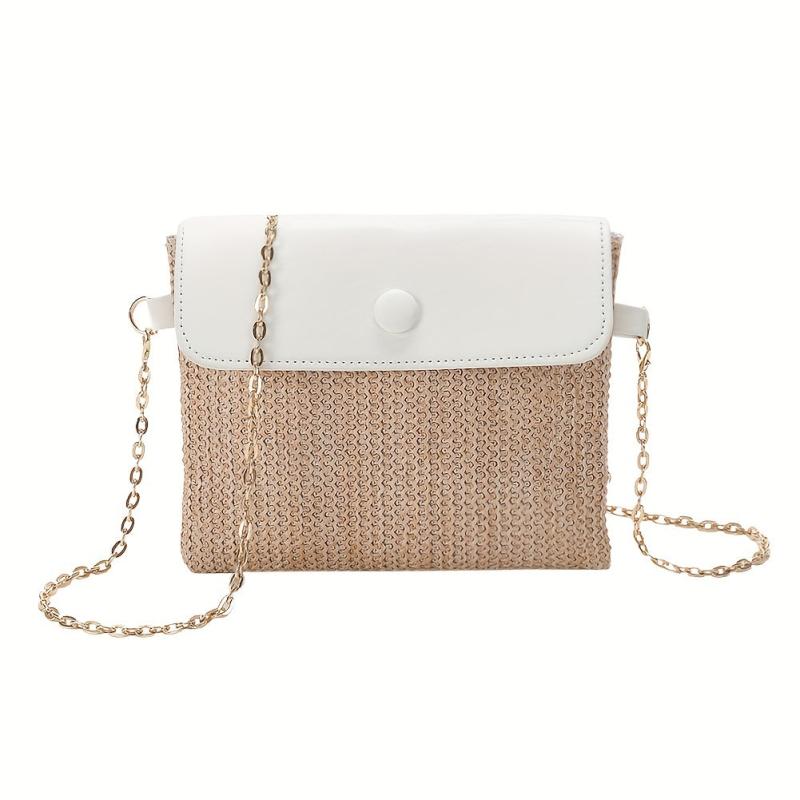 Straw Woven Metal Chain Crossbody Bag Decorative Shoulder Bag