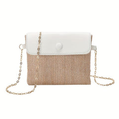 Straw Woven Metal Chain Crossbody Bag Decorative Shoulder Bag