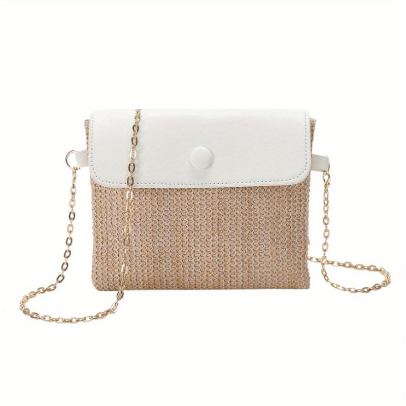 Straw Woven Metal Chain Crossbody Bag Decorative Shoulder Bag