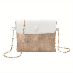 Straw Woven Metal Chain Crossbody Bag Decorative Shoulder Bag