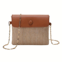 Straw Woven Metal Chain Crossbody Bag Decorative Shoulder Bag