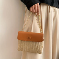 Straw Woven Metal Chain Crossbody Bag Decorative Shoulder Bag