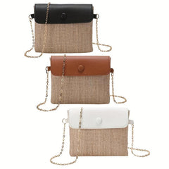Straw Woven Metal Chain Crossbody Bag Decorative Shoulder Bag