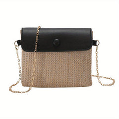 Straw Woven Metal Chain Crossbody Bag Decorative Shoulder Bag