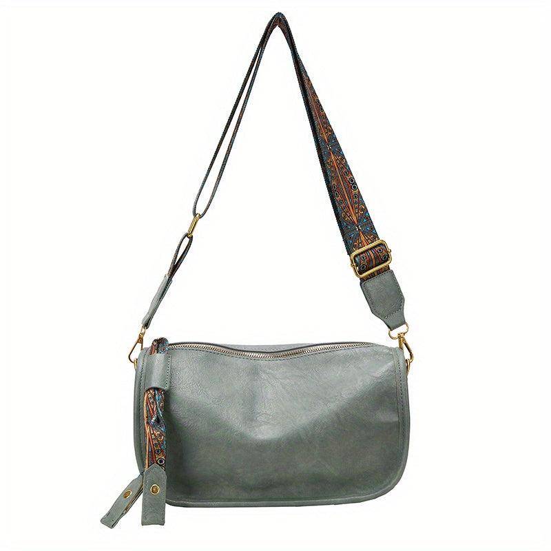 Graphic Pattern Zipper Crossbody Bag With Wide Strap