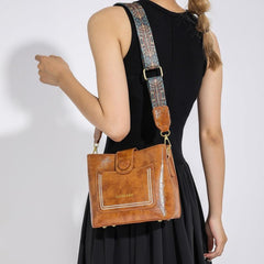 Retro Style Wax Leather Crossbody Bag Wide Strap Shoulder Purse