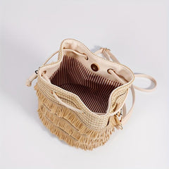Straw Woven Drawstring Bucket Bag Beach Crossbody Handbag
