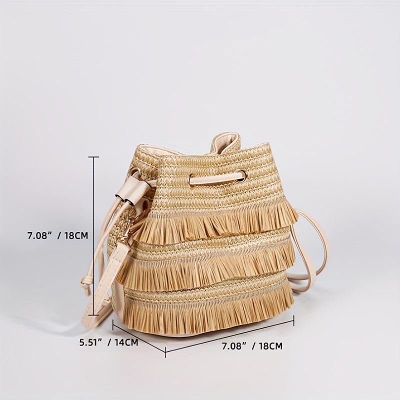 Straw Woven Drawstring Bucket Bag Beach Crossbody Handbag