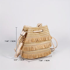Straw Woven Drawstring Bucket Bag Beach Crossbody Handbag