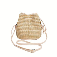 Straw Woven Drawstring Bucket Bag Beach Crossbody Handbag