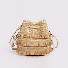 Straw Woven Drawstring Bucket Bag Beach Crossbody Handbag