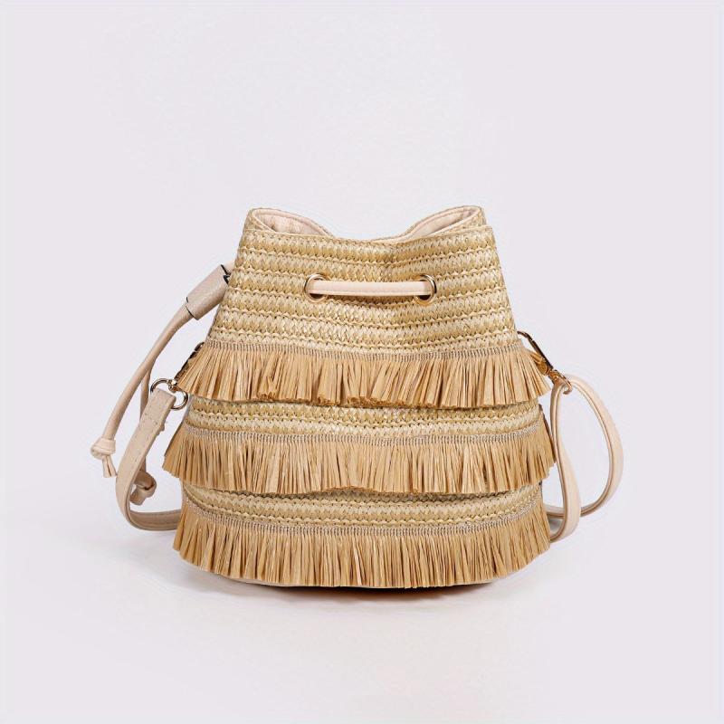 Straw Woven Drawstring Bucket Bag Beach Crossbody Handbag