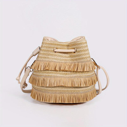 Straw Woven Drawstring Bucket Bag Beach Crossbody Handbag
