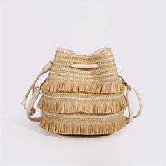 Straw Woven Drawstring Bucket Bag Beach Crossbody Handbag