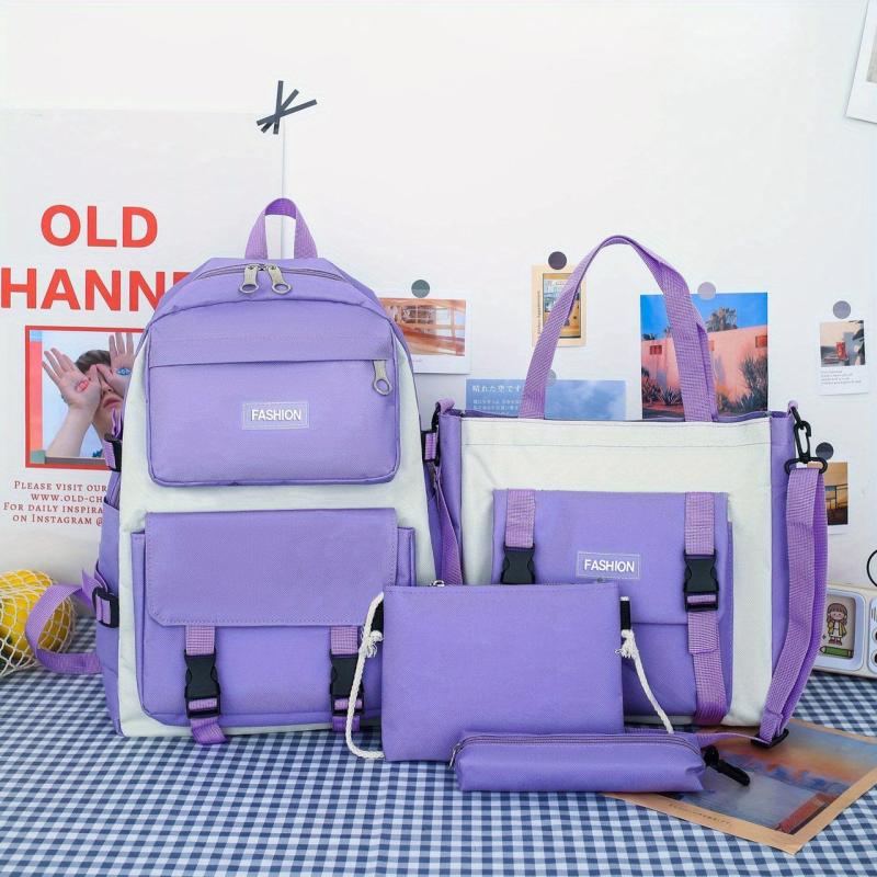 Preppy Style Student Backpack Set with Tote Bag & Crossbody Bag & Pencil Case