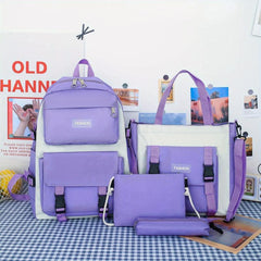 Preppy Style Student Backpack Set with Tote Bag & Crossbody Bag & Pencil Case