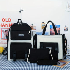 Preppy Style Student Backpack Set with Tote Bag & Crossbody Bag & Pencil Case