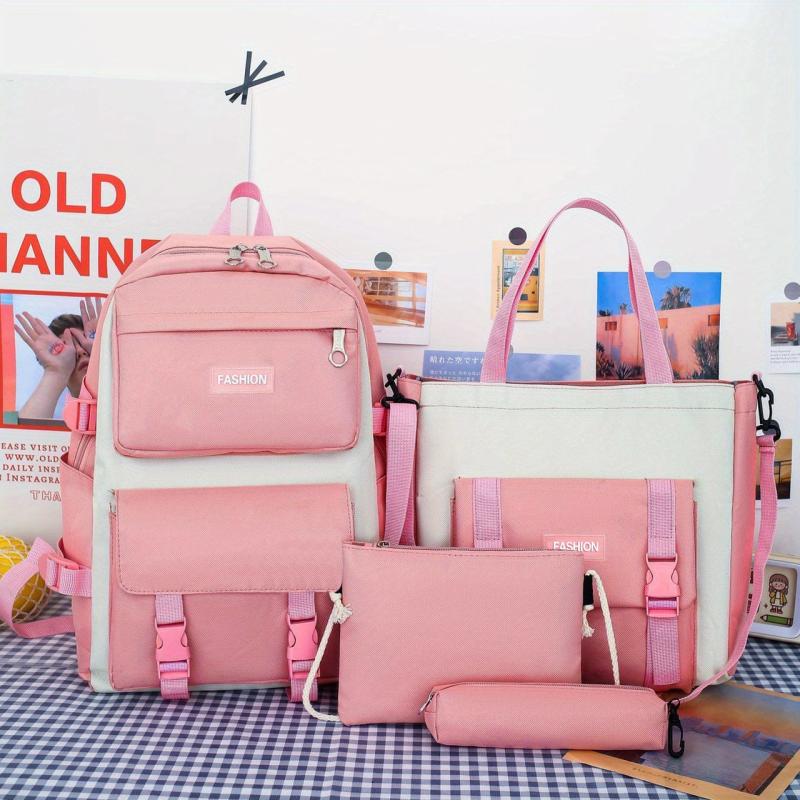 Preppy Style Student Backpack Set with Tote Bag & Crossbody Bag & Pencil Case