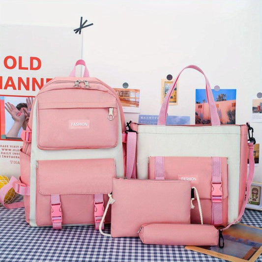 Preppy Style Student Backpack Set with Tote Bag & Crossbody Bag & Pencil Case