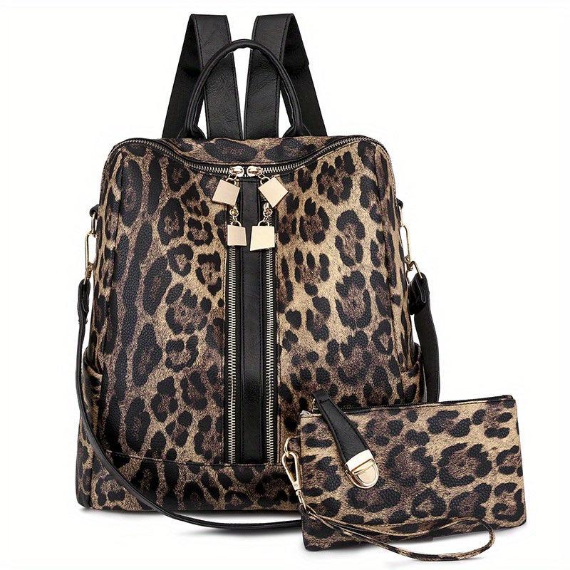 2Pcs Leopard Print Backpack and Shoulder Bag Set