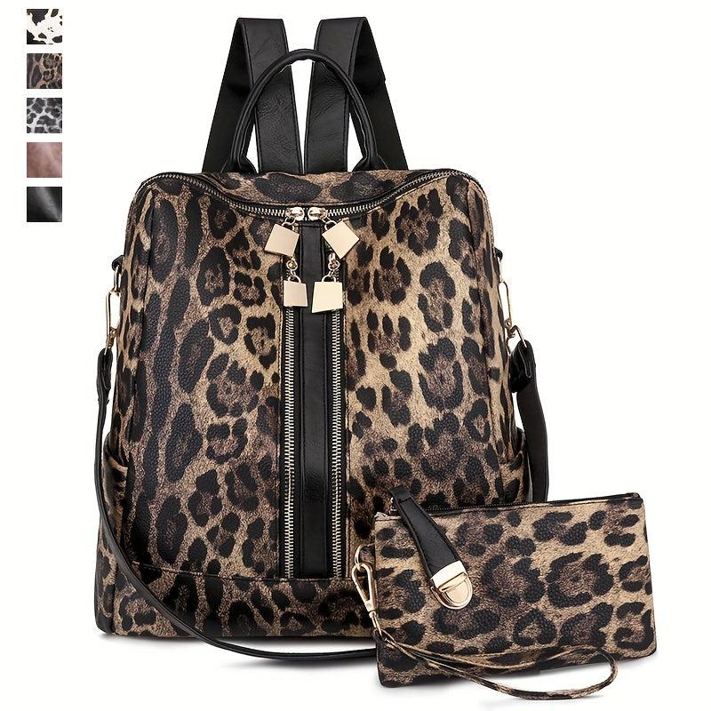 2Pcs Leopard Print Backpack and Shoulder Bag Set