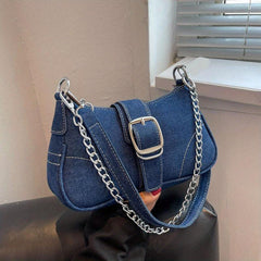 Y2K Denim Crossbody Chain Shoulder Bag Buckle Stitch Baguette Bag