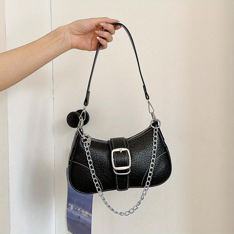 Y2K Denim Crossbody Chain Shoulder Bag Buckle Stitch Baguette Bag