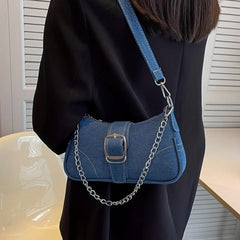 Y2K Denim Crossbody Chain Shoulder Bag Buckle Stitch Baguette Bag