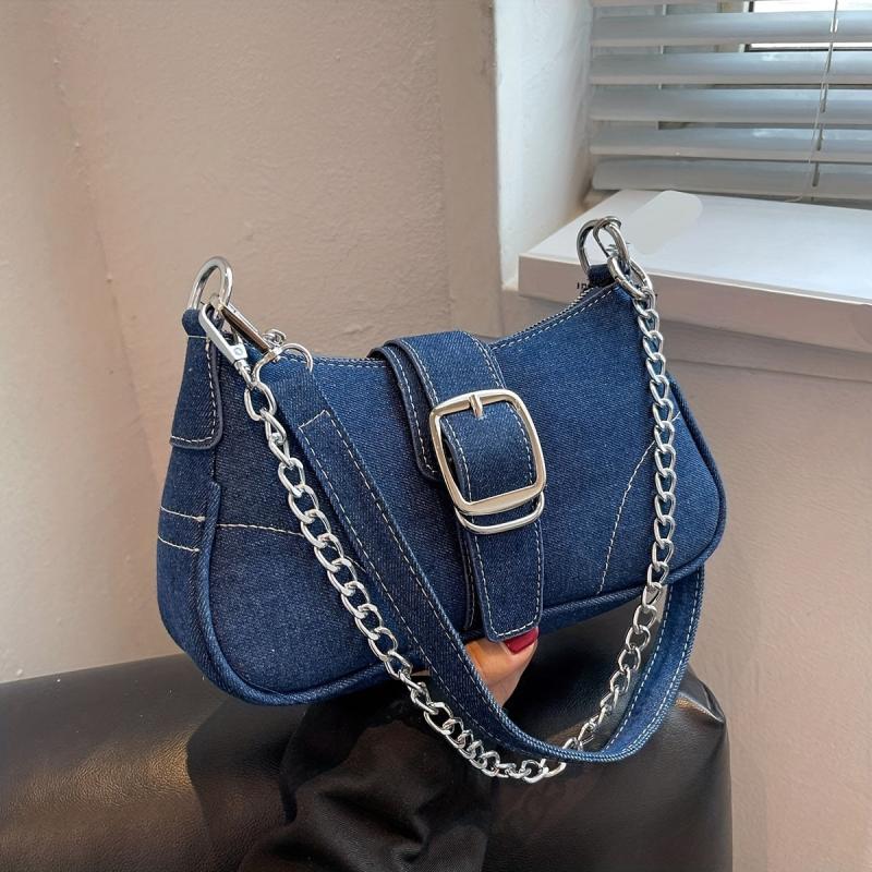Y2K Denim Crossbody Chain Shoulder Bag Buckle Stitch Baguette Bag