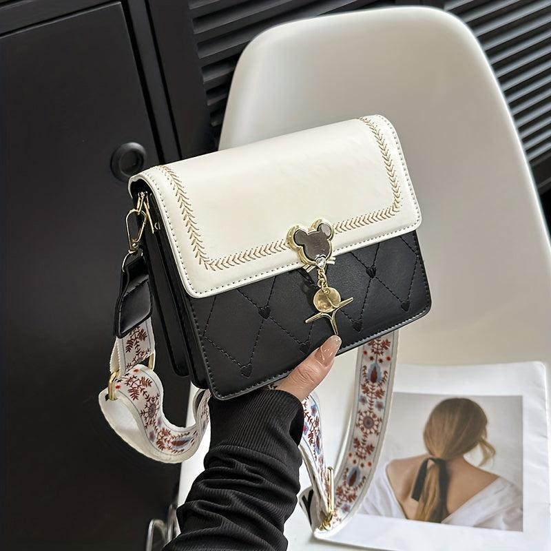 Heart Embroidery Crossbody Bag Floral Strap Shoulder Bag Flap Square Purse