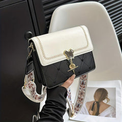 Heart Embroidery Crossbody Bag Floral Strap Shoulder Bag Flap Square Purse