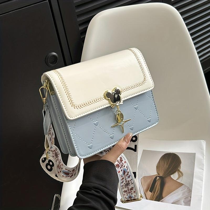 Heart Embroidery Crossbody Bag Floral Strap Shoulder Bag Flap Square Purse