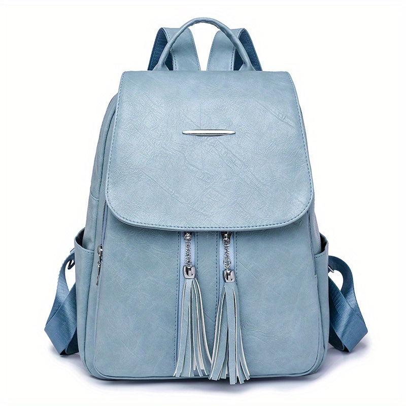 Tassel Decor Flap Backpack Retro Style School Bag Faux Leather Daypack