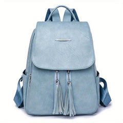 Tassel Decor Flap Backpack Retro Style School Bag Faux Leather Daypack