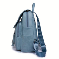 Tassel Decor Flap Backpack Retro Style School Bag Faux Leather Daypack