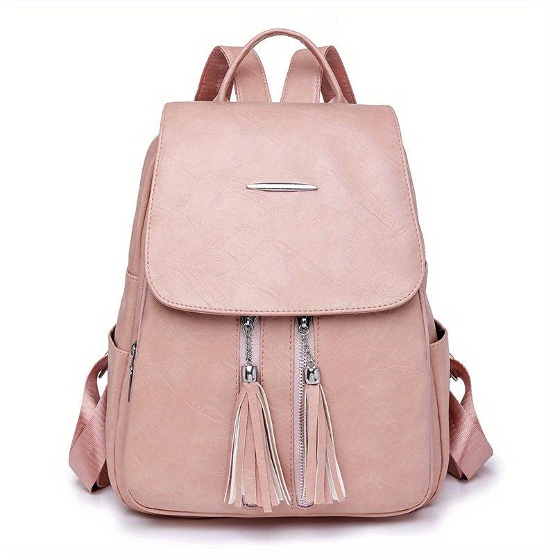 Tassel Decor Flap Backpack Retro Style School Bag Faux Leather Daypack